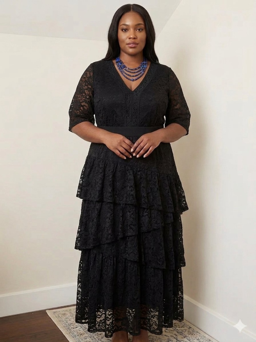 Kiyonna Black Lace Tiered V‑Neck Maxi Dress PLUS!